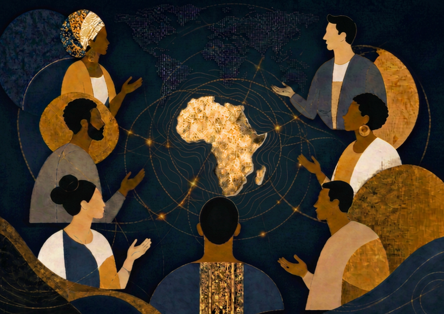 The image shows negotiating stakeholders who are grouped around the African continent