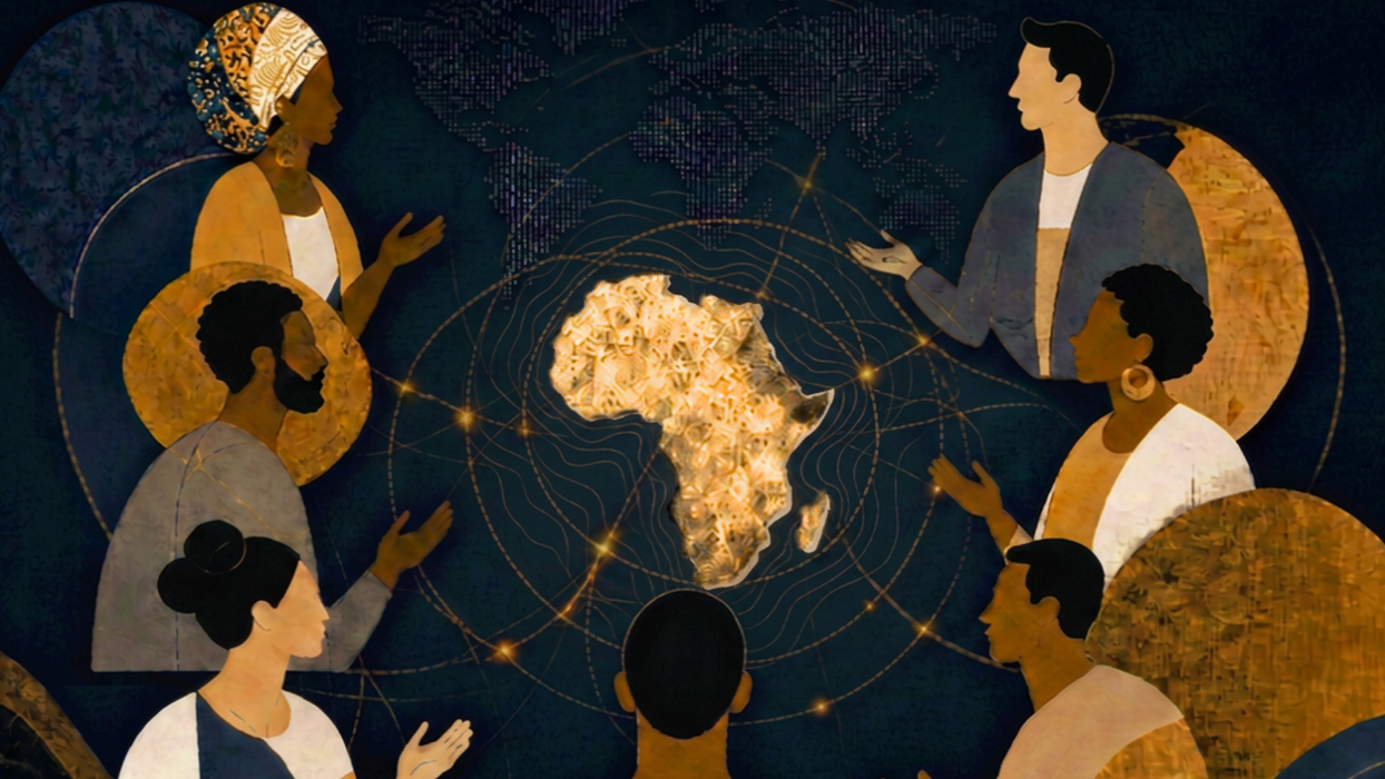 The image shows negotiating stakeholders who are grouped around the African continent